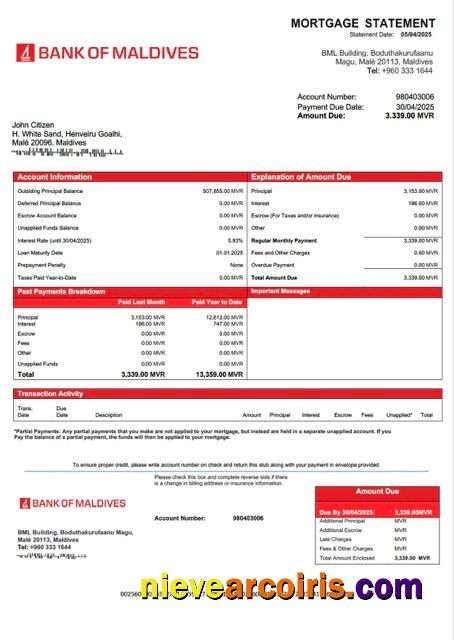 Maldives Bank of Maldives mortgage statement Word and PDF template